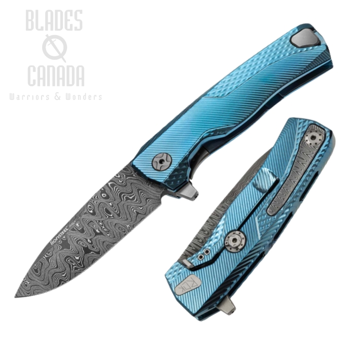 Lion Steel ROK DD BL Flipper Framelock Knife, Damascus, Titanium Blue